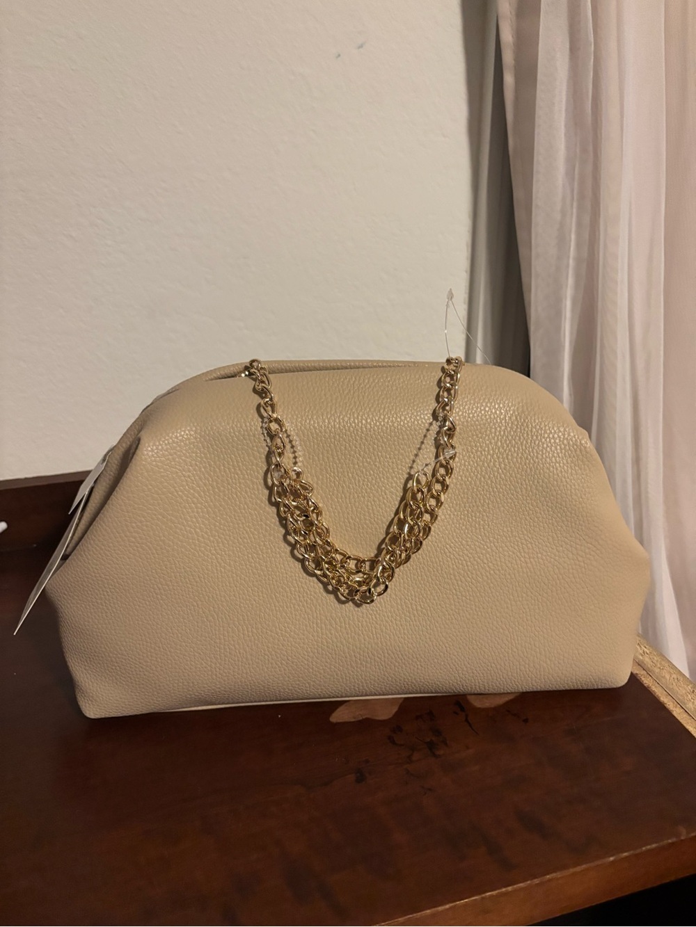 a new day Beige Pebbled Wristlet Clutch with Gold Chain